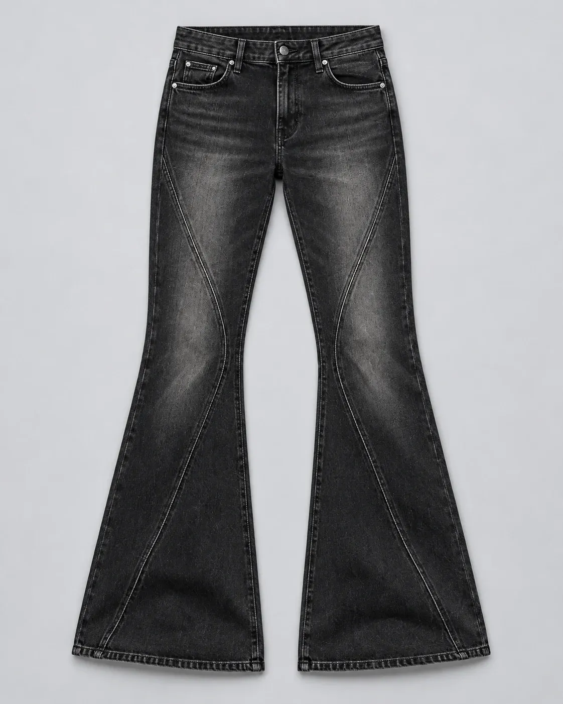 Black washed flared denim trousers laid flat