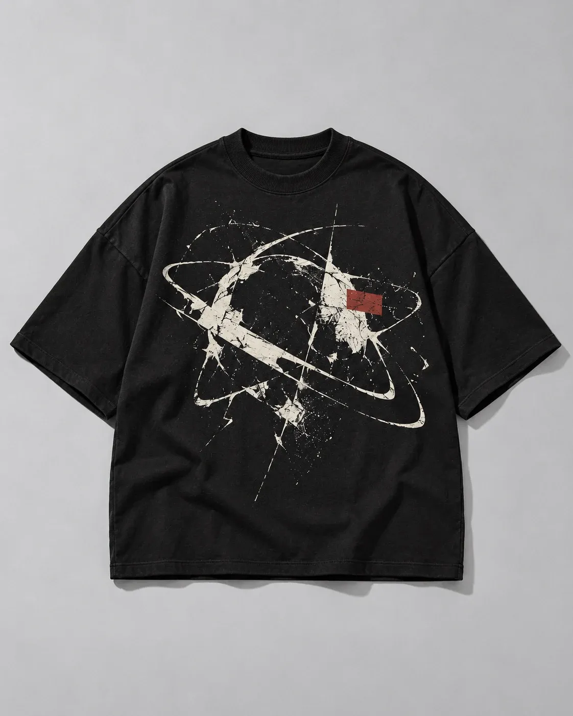Wide black T-shirt with an off-white abstract chest graphic and a small red block